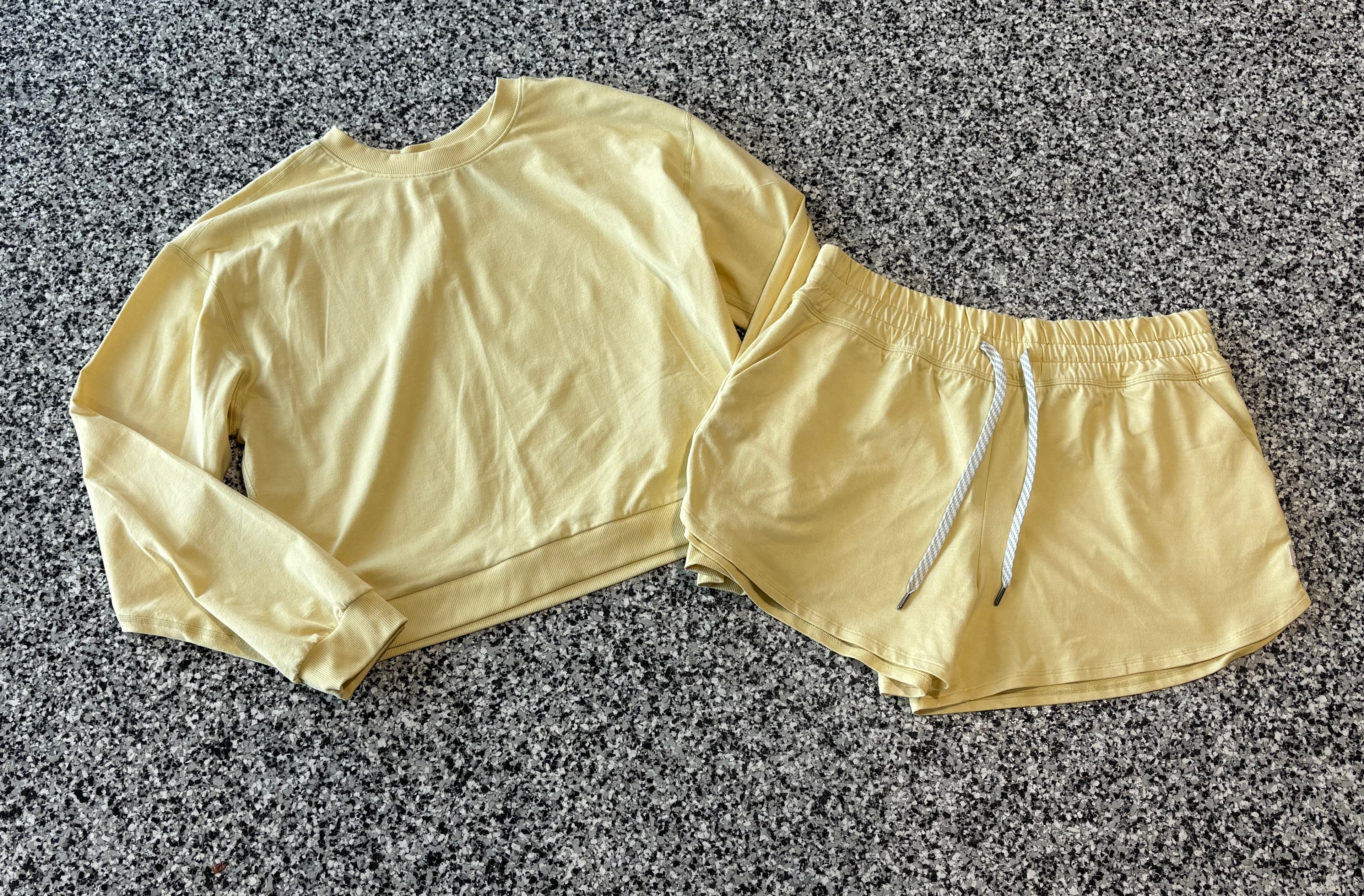 Vuori Ladies Athletic Shorts and crewneck in Pale Yellow