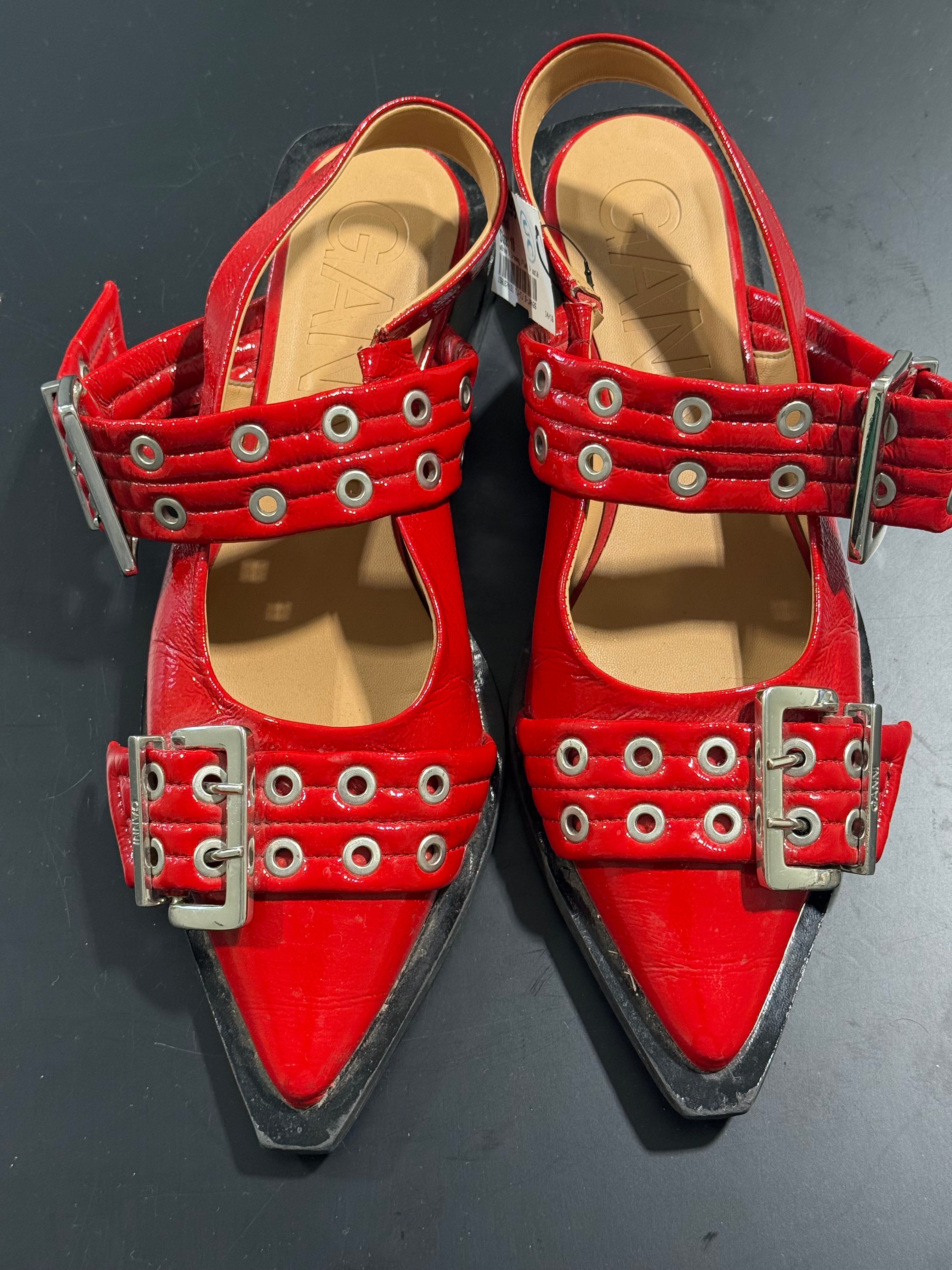 Ganni Red Pointed Slingback Flats with Buckle & Grommet Straps sz 41