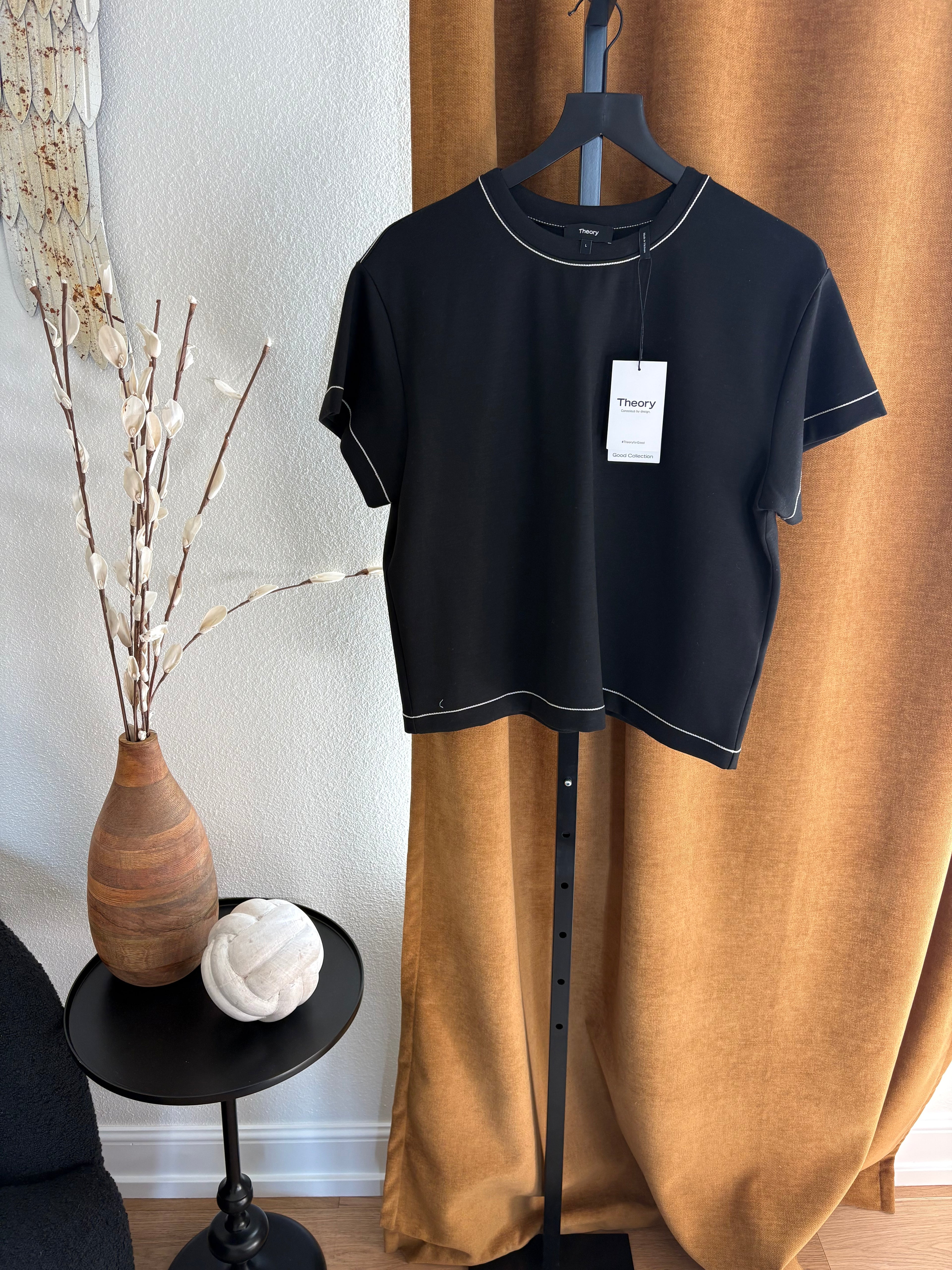 New Theory Stitch Tee Black with white piping Large
