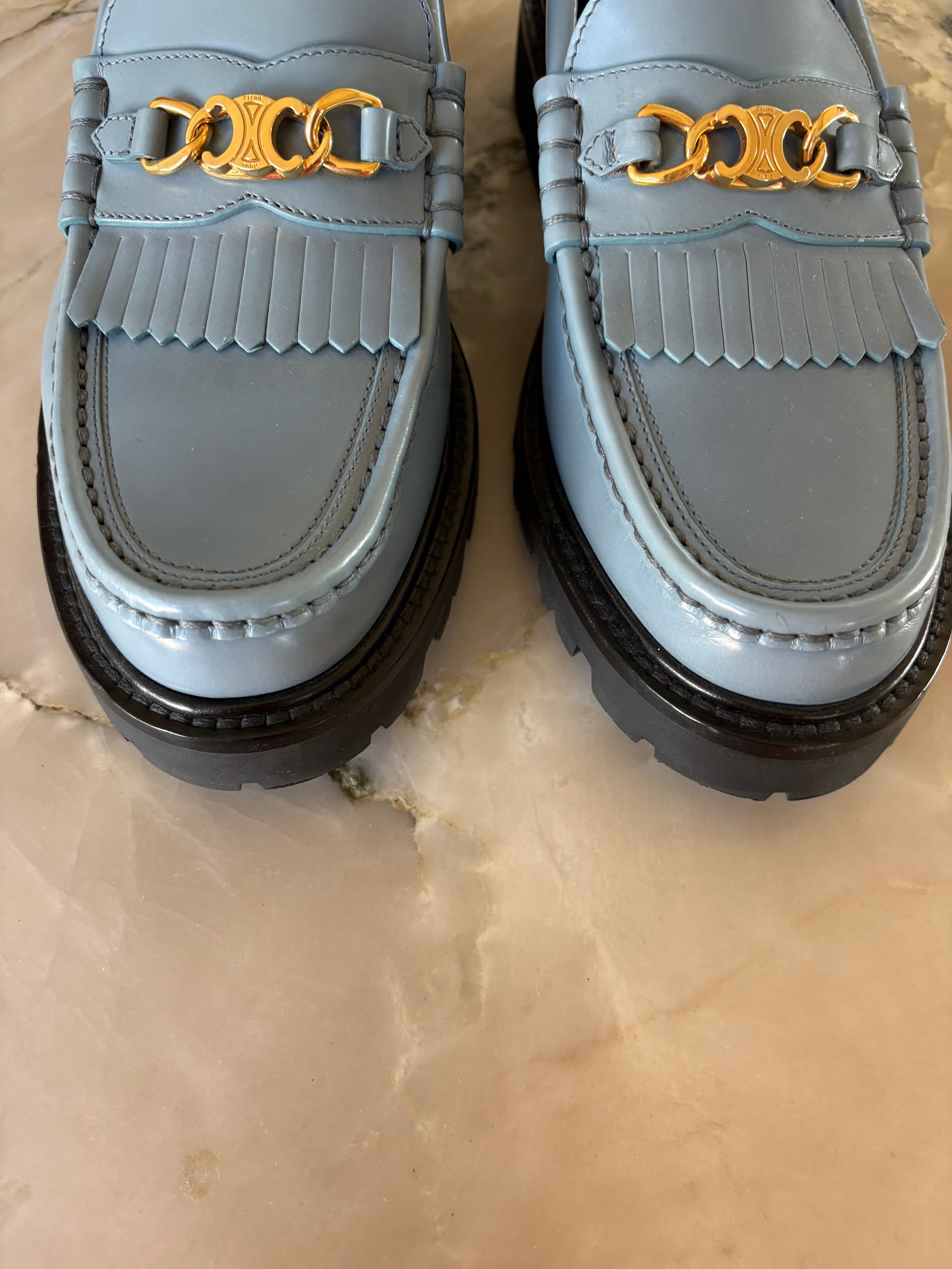 Celine leather fringe trim, accent loafers size 40