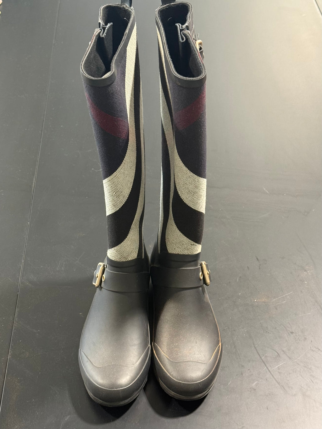Authentic Burberry Black, Beige & Red Plaid Tall Rain Boots Size 37