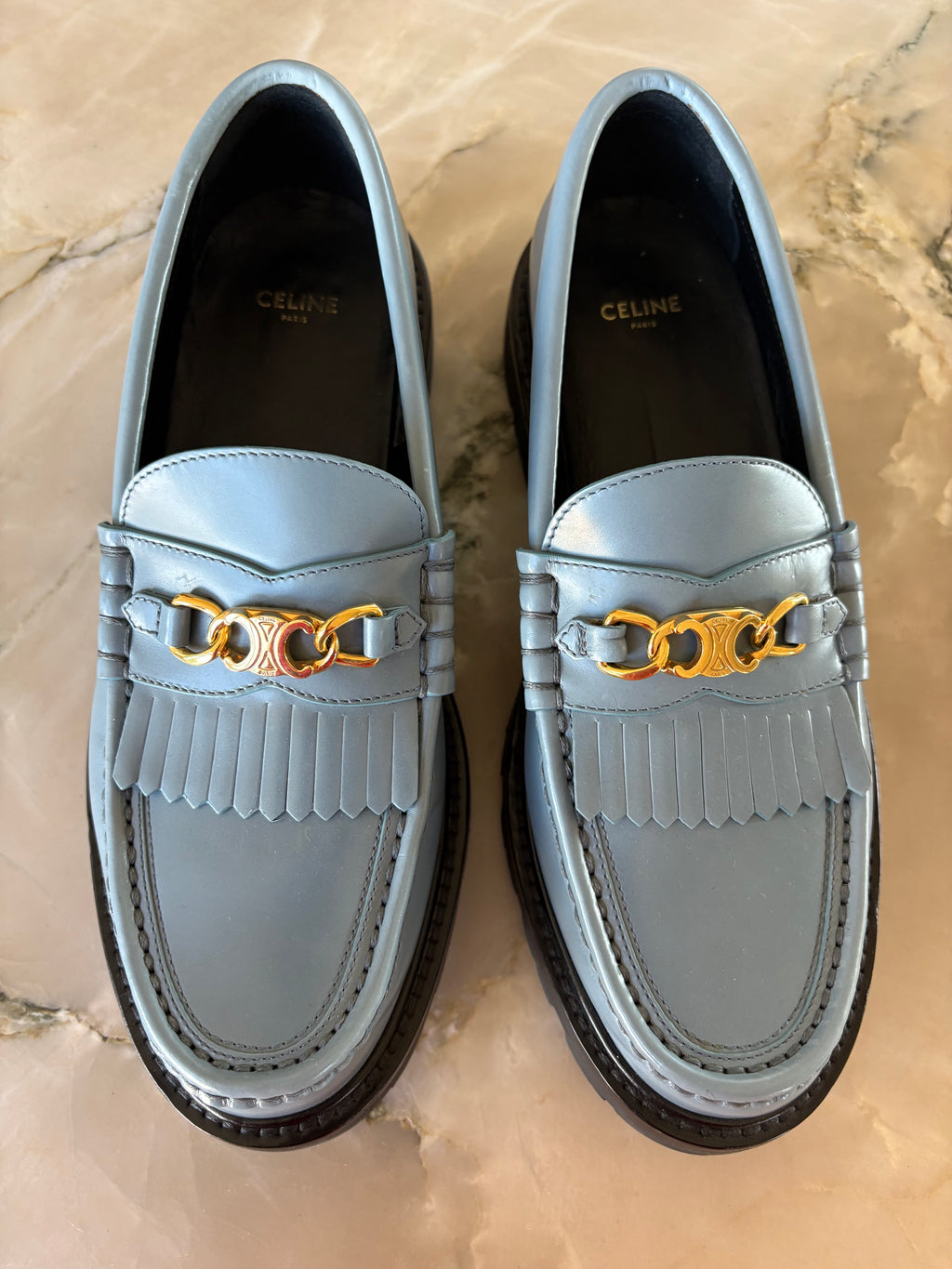 Celine leather fringe trim, accent loafers size 40