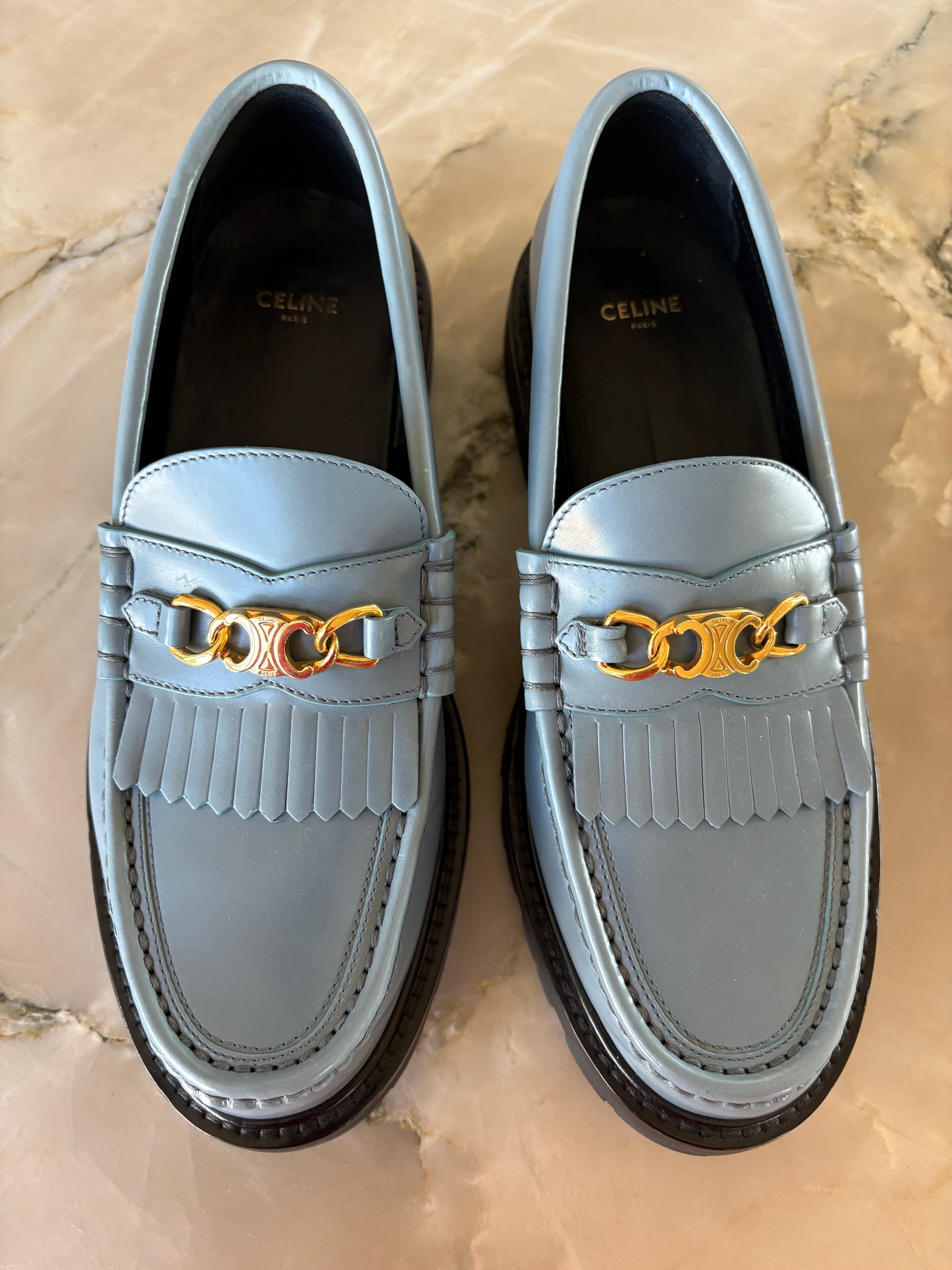 Celine leather fringe trim, accent loafers size 40