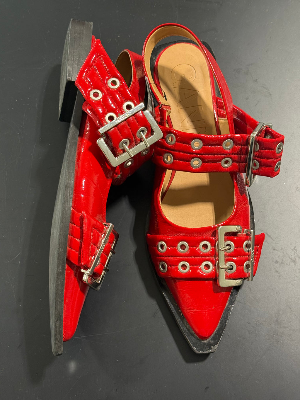 Ganni Red Pointed Slingback Flats with Buckle & Grommet Straps sz 41