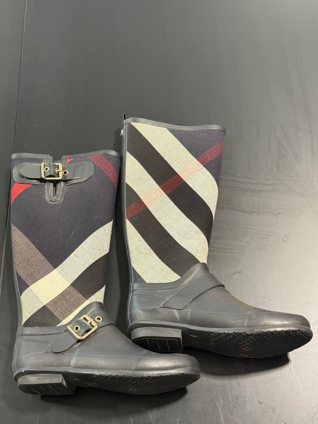 Authentic Burberry Black, Beige & Red Plaid Tall Rain Boots Size 37