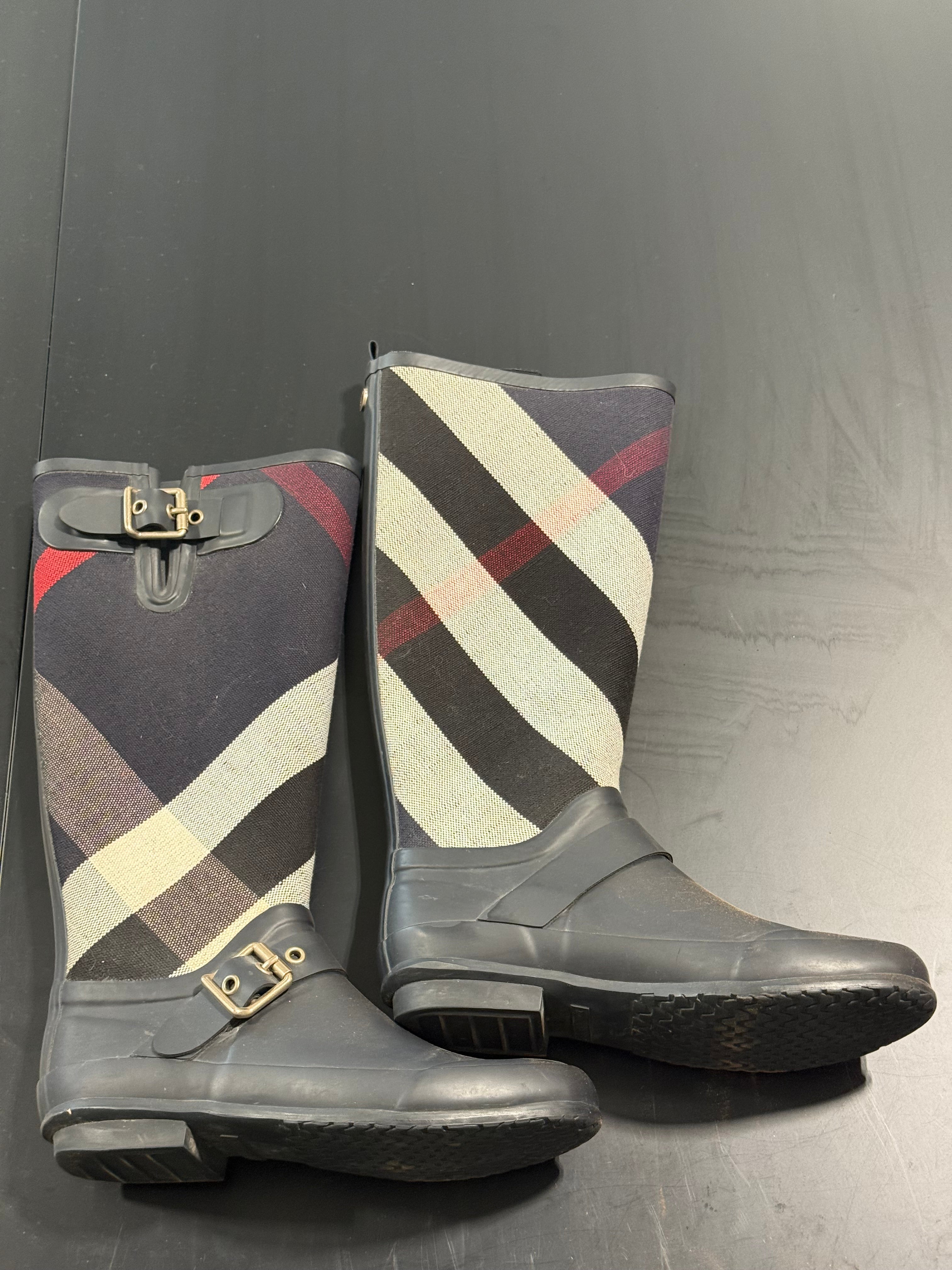 Authentic Burberry Black, Beige & Red Plaid Tall Rain Boots Size 37