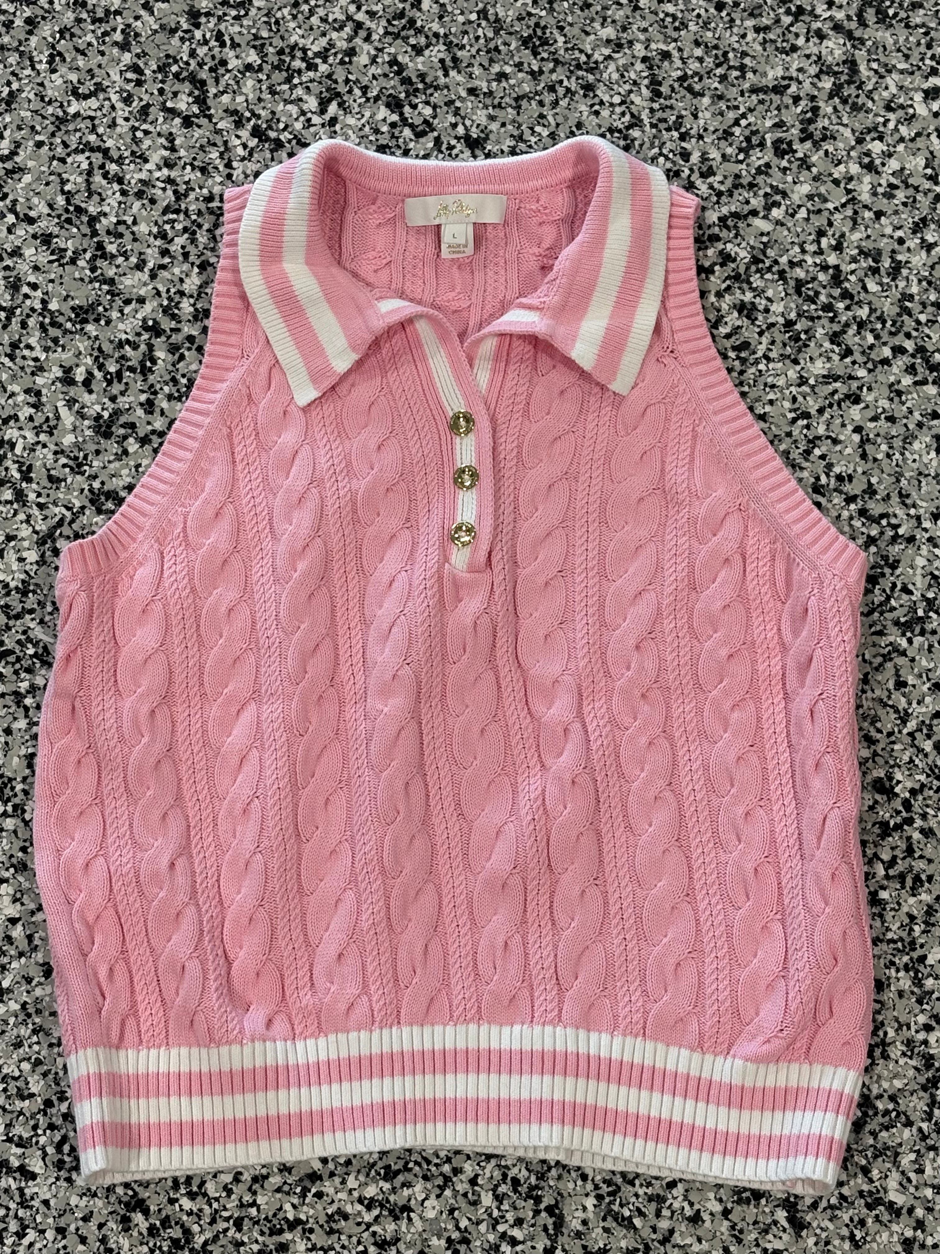 Lilly Pulitzer Pink Cable-Knit Sleeveless Polo Tank Large